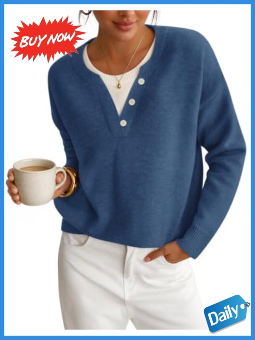 Oversized Henley Neck Sweater Pullover Faux Layered Knit Tops